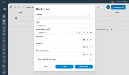 Grafana K6 Keyword configuration screen. Adding a zip file