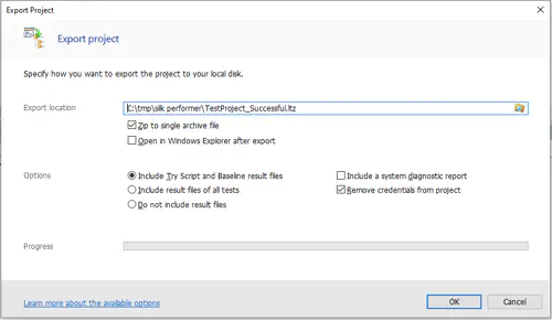 Export of a Silk Performer project - Final dialog