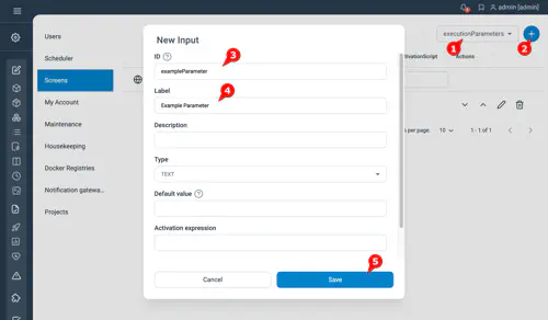 Screenshot showing how to create an execution parameter