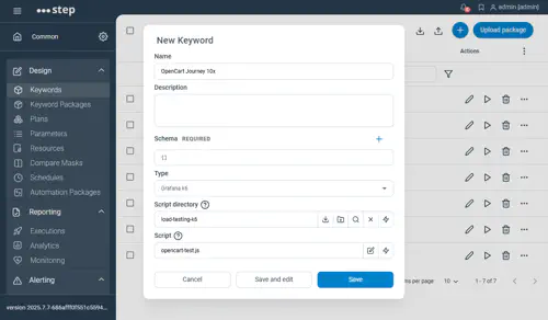 Grafana k6 Keyword configuration screen for a script with modules