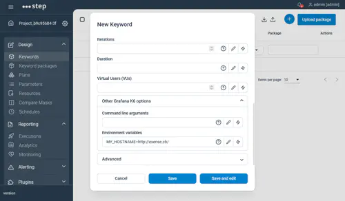 Grafana k6 Keyword configuration screen. Defining a default value