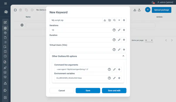 Grafana k6 Keyword configuration screen. Advanced options