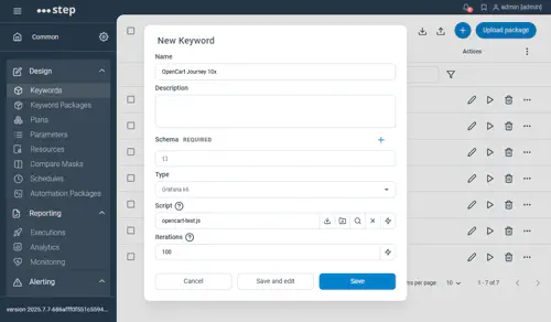 Grafana k6 Keyword configuration screen