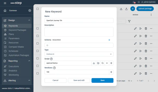 Grafana k6 Keyword configuration screen