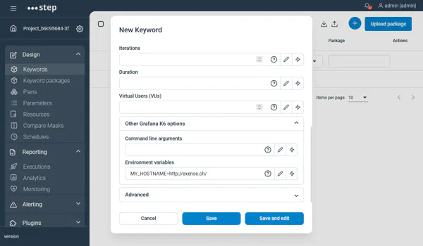 Grafana k6 Keyword configuration screen. Defining a default value