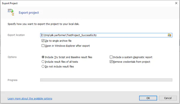 Export of a Silk Performer project - Final dialog