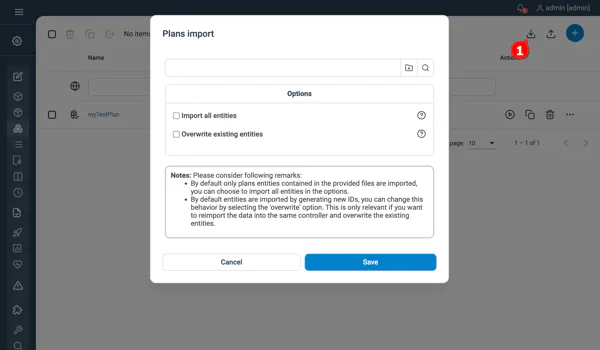 Screenshot of importing plans