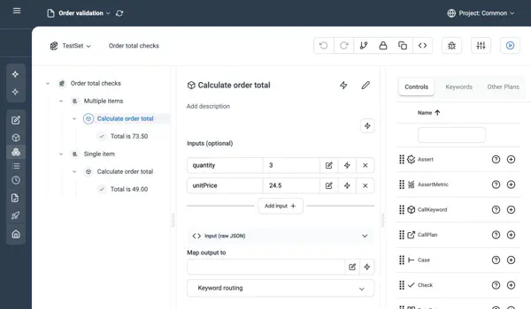 Plan editor showing the Order total checks Plan and the inputs of the Calculate order total Keyword