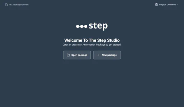 Step Studio welcome screen with Open package and New package actions